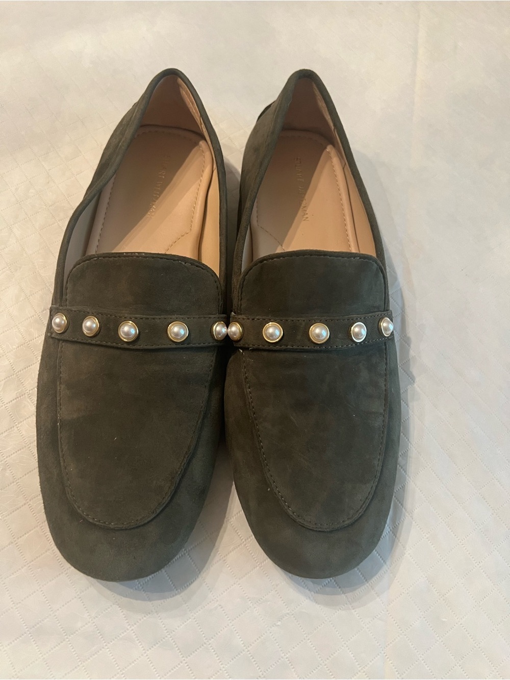 NWOT Stuart Weitzman Olive Suede Pearl-Trim Loafers